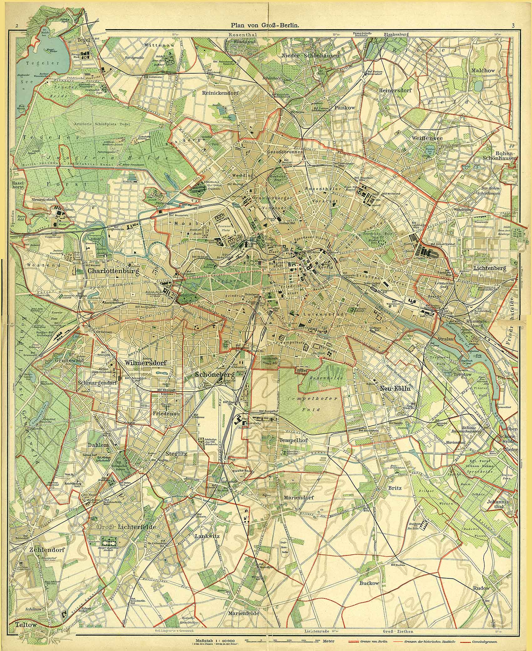 Greater Berlin, Andrees 'Berliner Schul-Atlas', 1916, pages 2 to 3, published size to print borders 45.28 cm wide by 55.46 cm high.