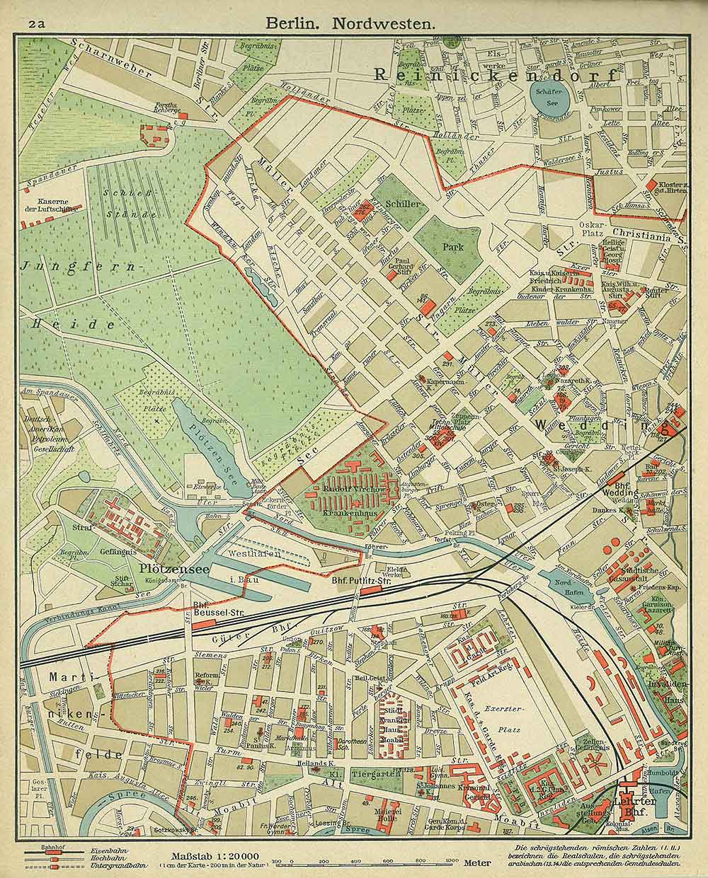 Berlin North-Westwards, Andrees 'Berliner Schul-Atlas', 1916, page 2a, published size to print borders 21.12 cm wide by 26.65 cm high.