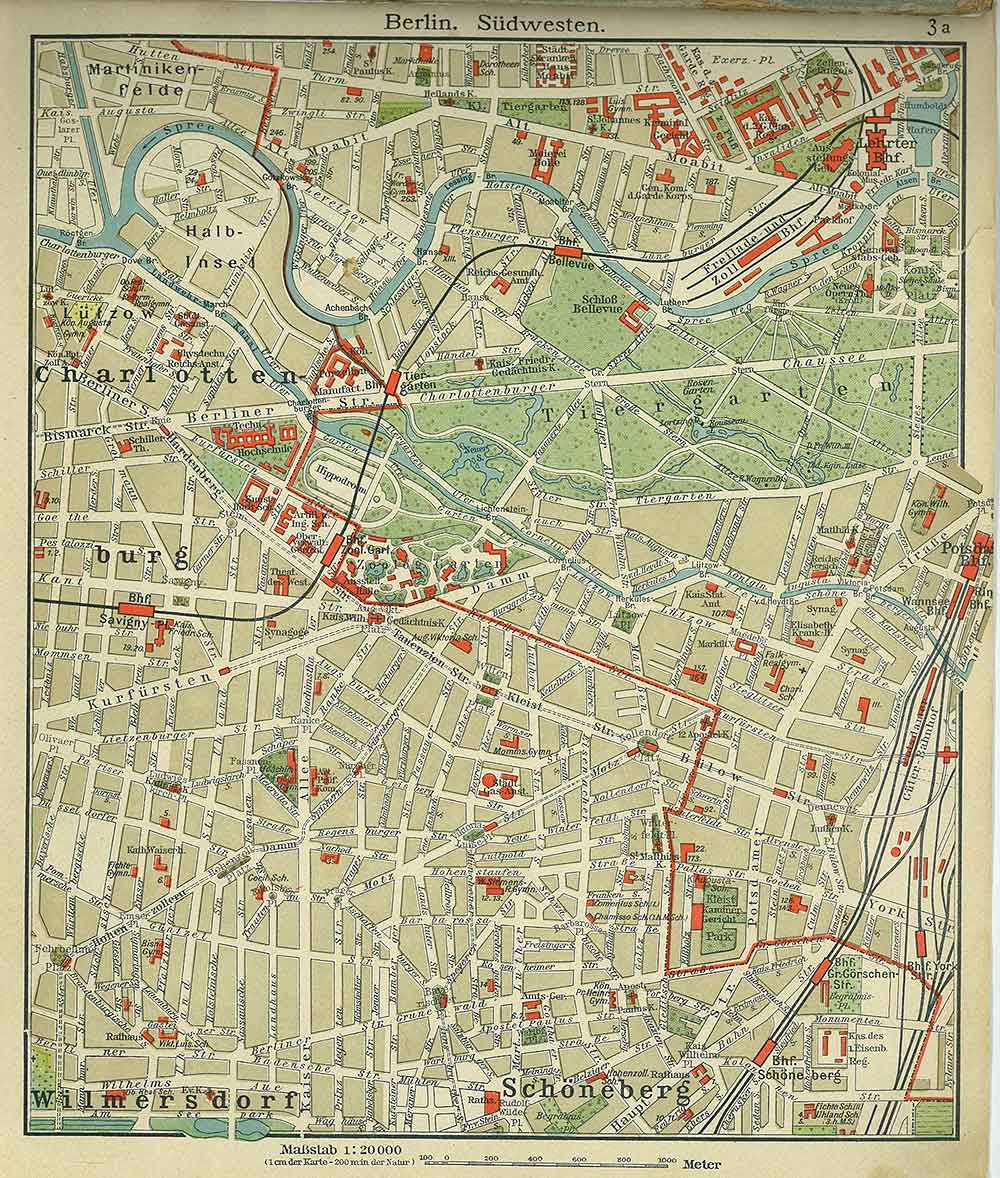 Berlin South-Westwards, Andrees 'Berliner Schul-Atlas', 1916, page 3a, published size to print borders 22 cm wide by 26.26 cm high.