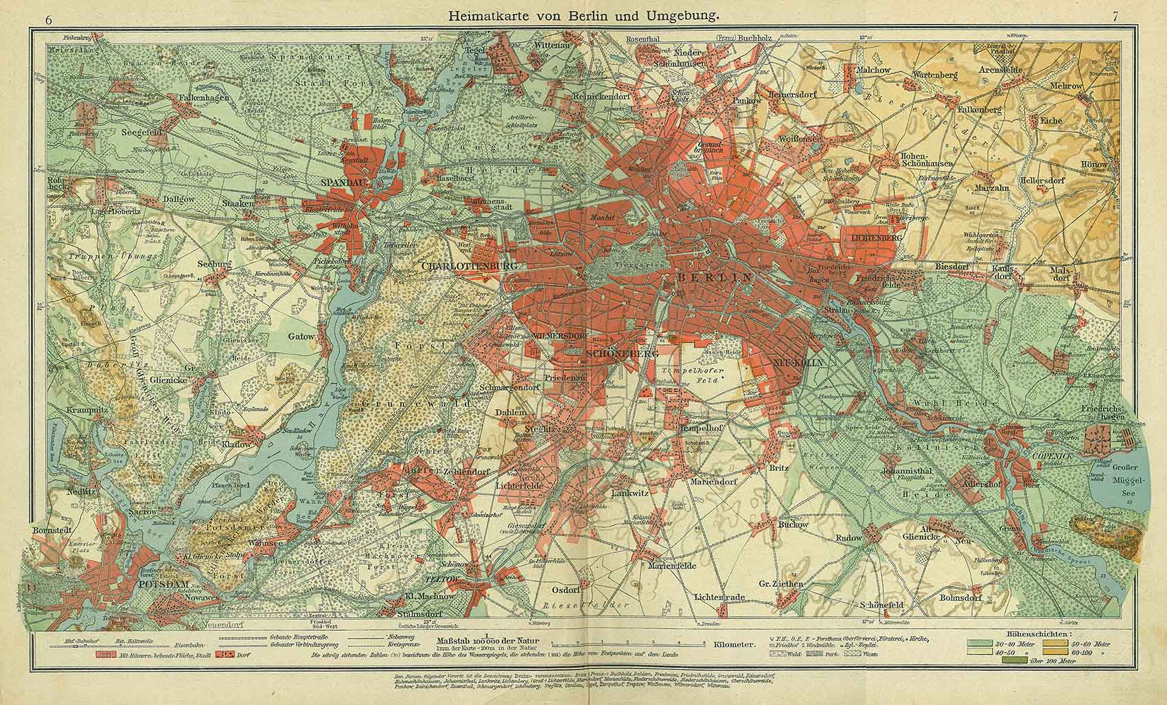 Berlin and its environs, Andrees 'Berliner Schul-Atlas', 1916, pages 6 to 7, published size to print borders 43.84 cm wide by 26.17 cm high.
