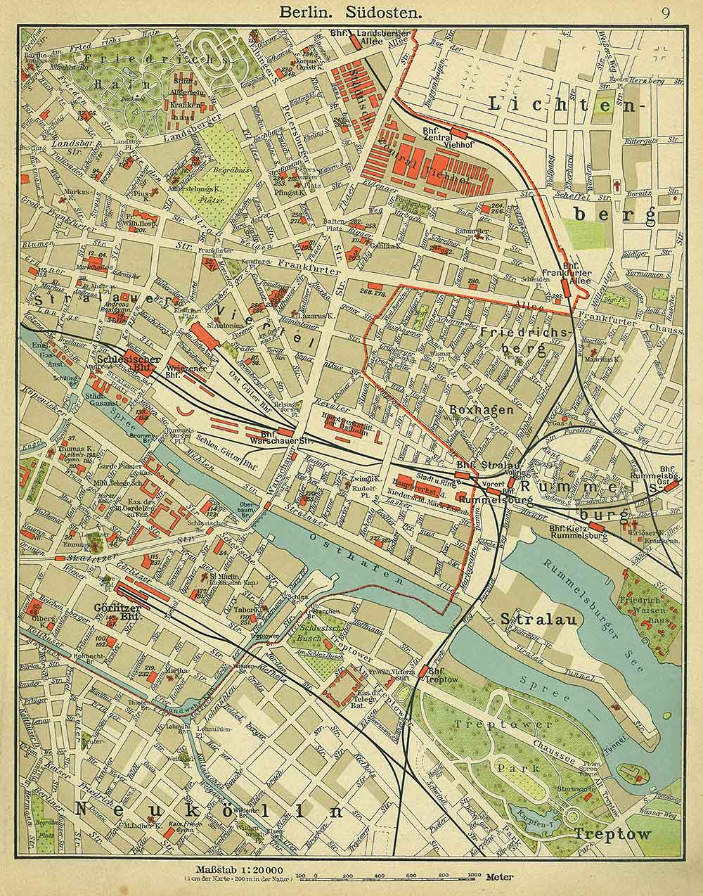 Berlin southeastwards, Andrees 'Berliner Schul-Atlas', 1916, page 9, published size to print borders 21.28 cm wide by 27.57 cm high.
