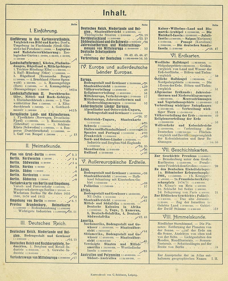 Contents page (Inhalt) of Andrees 'Berliner Schul-Atlas', 1916, published size to print borders 19.69 cm wide by 24.49 cm high.