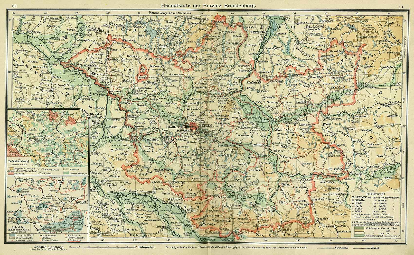 Province of Brandenburg, Andrees 'Berliner Schul-Atlas', 1916, pages 10 to 11, published size to print borders 42.95 cm wide by 26.19 cm high.