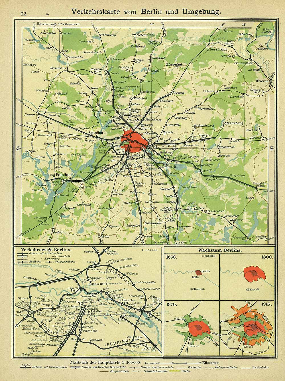 Transport map of Berlin and environs, Andrees 'Berliner Schul-Atlas', 1916, page 12, published size to print borders 19.47 cm wide by 26.68 cm high.