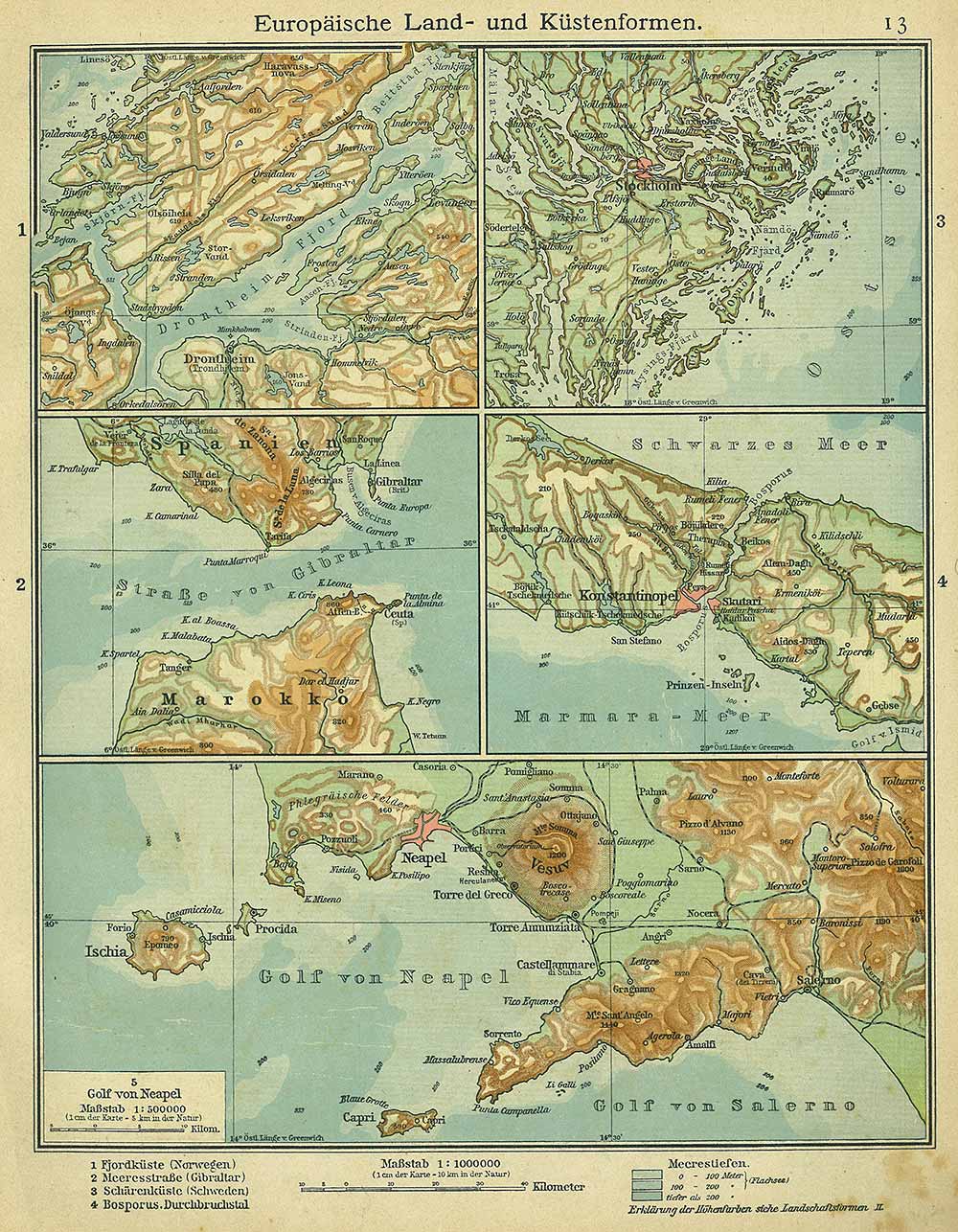 European land and coastal forms, Andrees 'Berliner Schul-Atlas', 1916, page 13, published size to print borders 20.29 cm wide by 27.07 cm high.