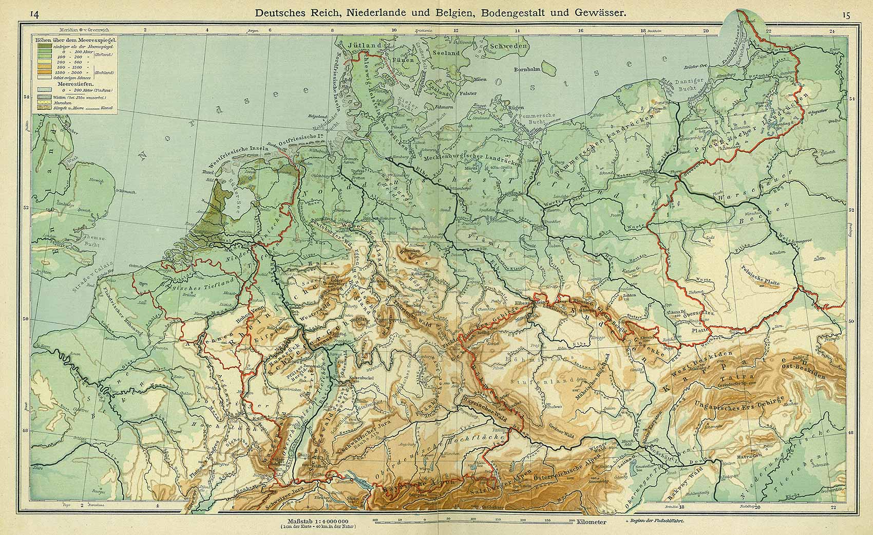 Germany, Netherlands, and Belgian topography and water zones, Andrees 'Berliner Schul-Atlas', 1916, pages 14 to 15, published size to print borders 42.8 cm wide by 26.41 cm high.