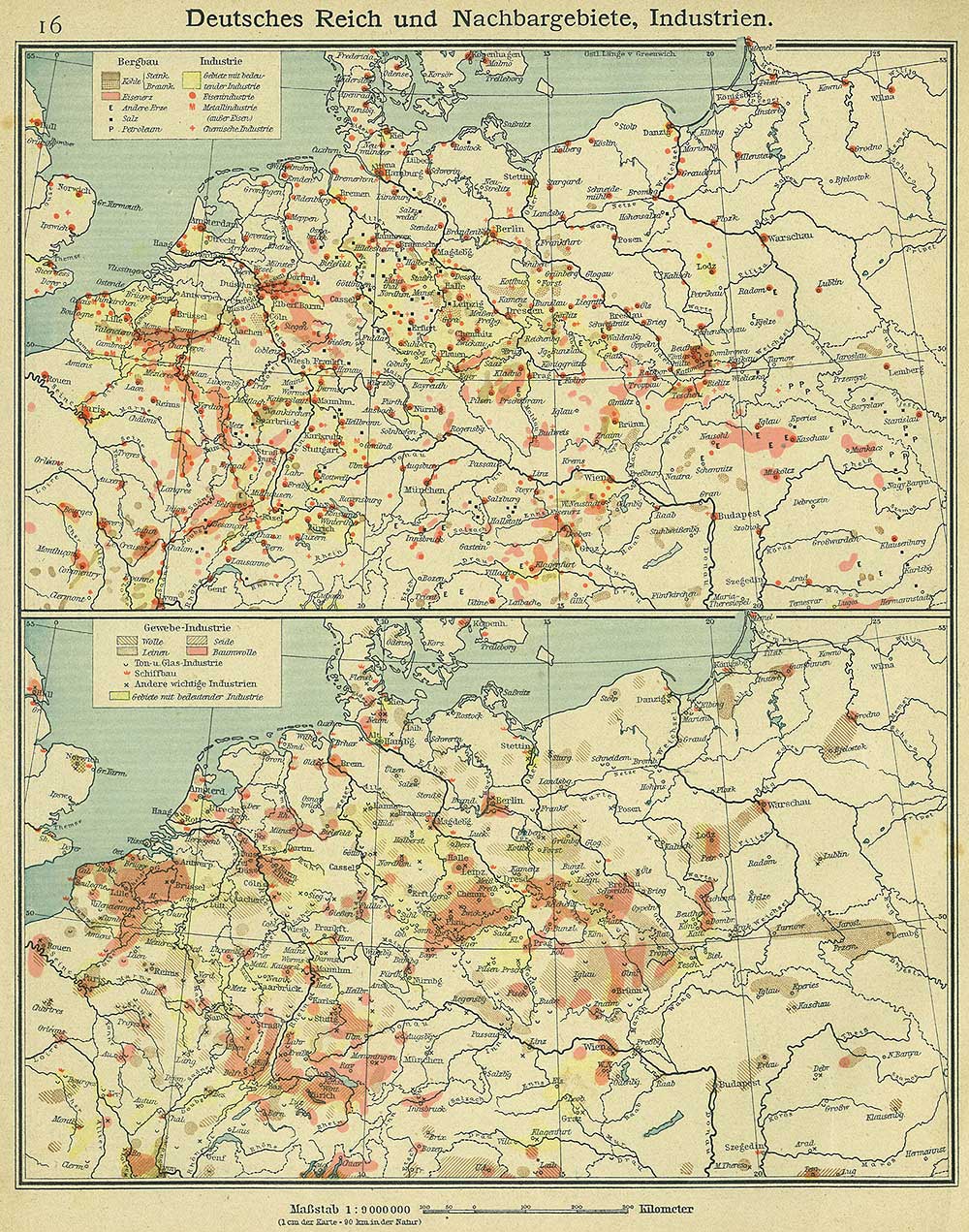 Germany and adjacent areas, industrial, Andrees 'Berliner Schul-Atlas', 1916, page 16, published size to print borders 20.47 cm wide by 26.37 cm high.
