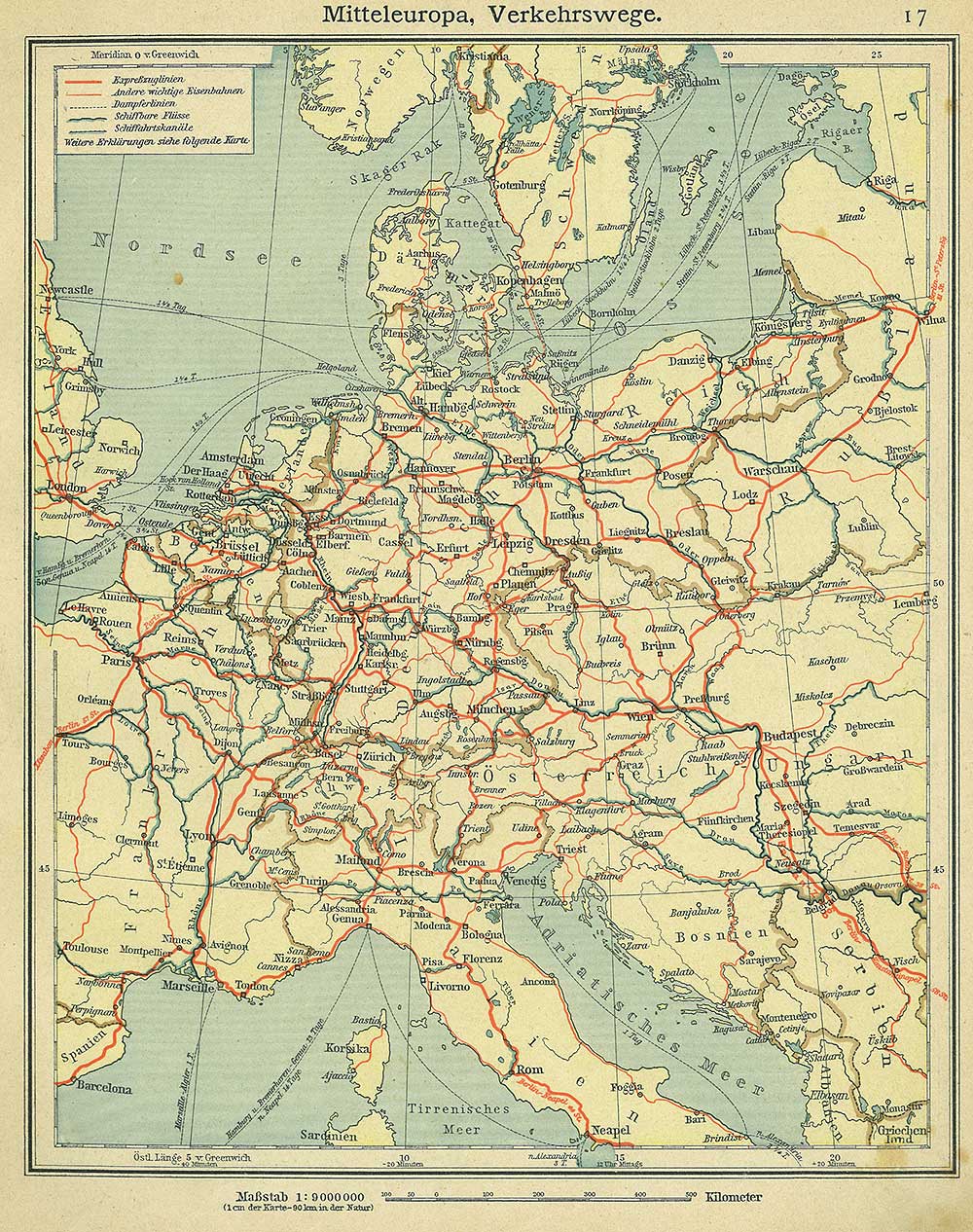 Central European transport / traffic routes, Andrees 'Berliner Schul-Atlas', 1916, page 17, published size to print borders 20.42 cm wide by 26.35 cm high.