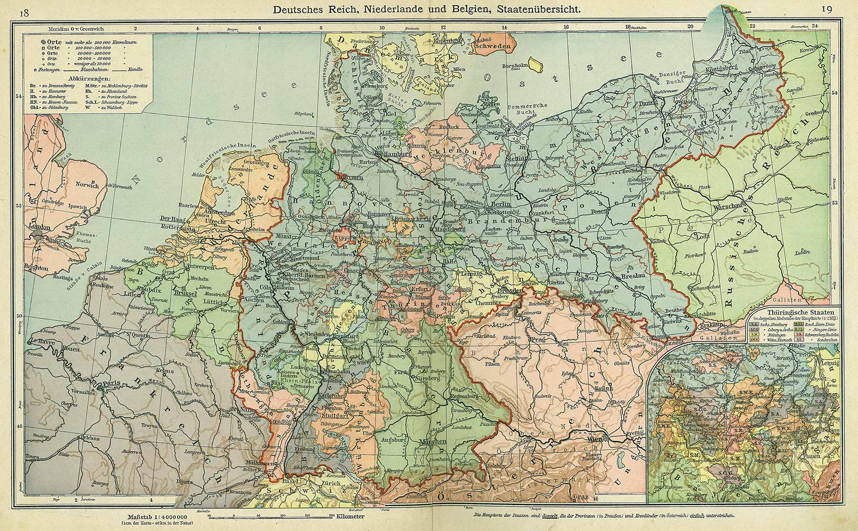 German, Netherlands, and Belgian state borders, Andrees 'Berliner Schul-Atlas', 1916, pages 18 to 19, published size to print borders 42.73 cm wide by 26.7 cm high.