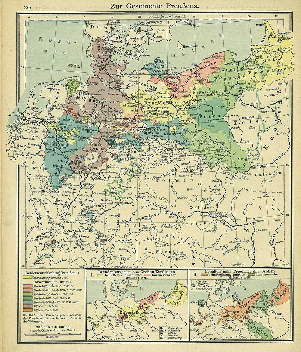 Map with Prussian historical references, Andrees 'Berliner Schul-Atlas', 1916, page  20, published size to print borders 21.83 cm wide by 25.63 cm high.