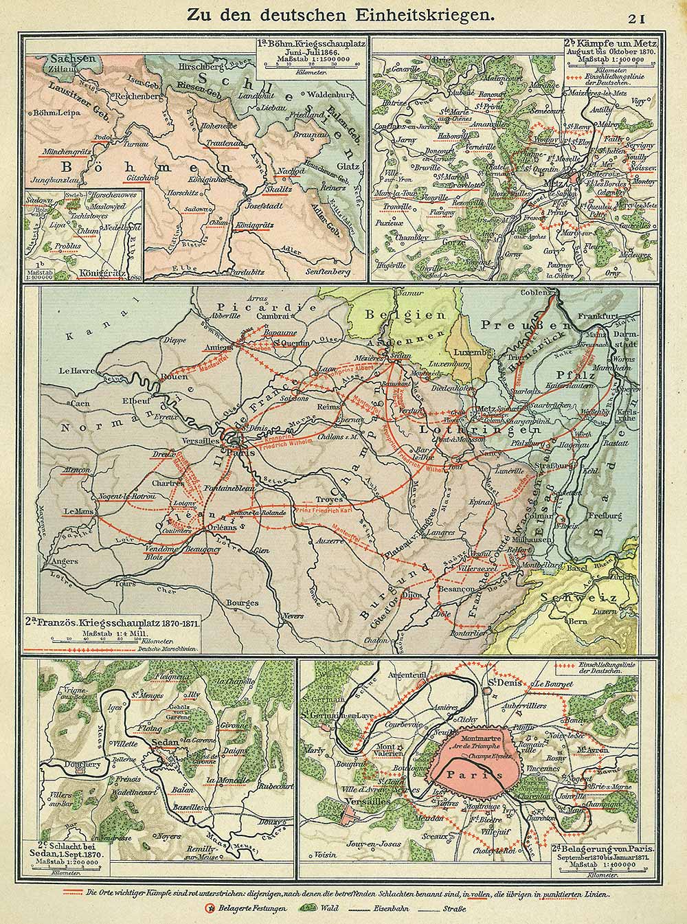Franco-Prussian war, maps of campaigns in 1866, 1870, 1871, Andrees 'Berliner Schul-Atlas', 1916, page  21, published size to print borders 19.02 cm wide by 26.59 cm high.