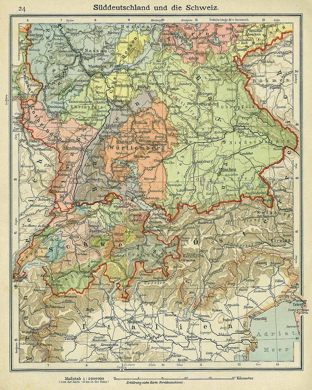 South Germany and Switzerland, Andrees 'Berliner Schul-Atlas', 1916, page  24, published size to print borders 20.99 cm wide by 26.57 cm high.