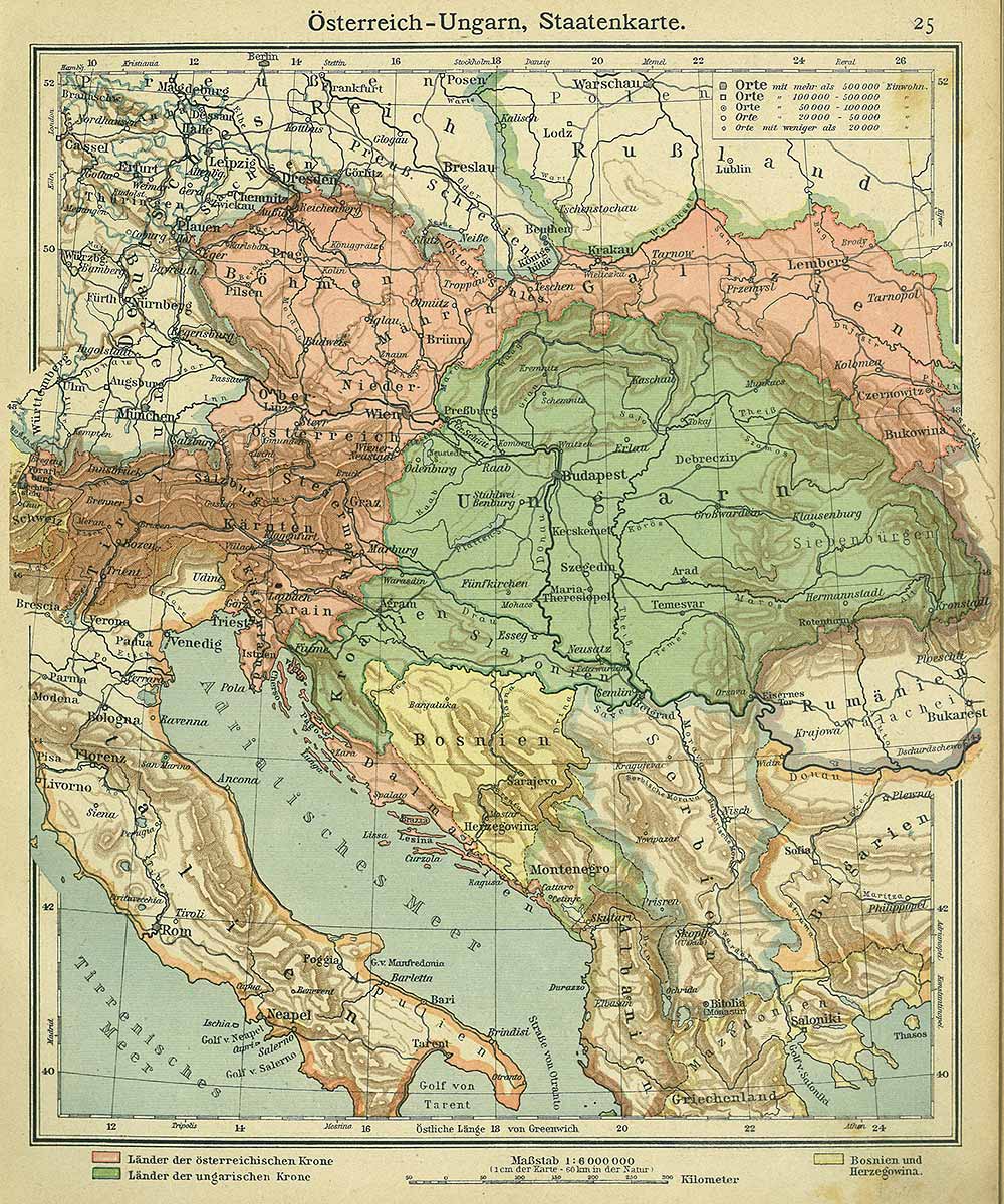Austria-Hungary state map, Andrees 'Berliner Schul-Atlas', 1916, page  25, published size to print borders 22.4 cm wide by 26.58 cm high.