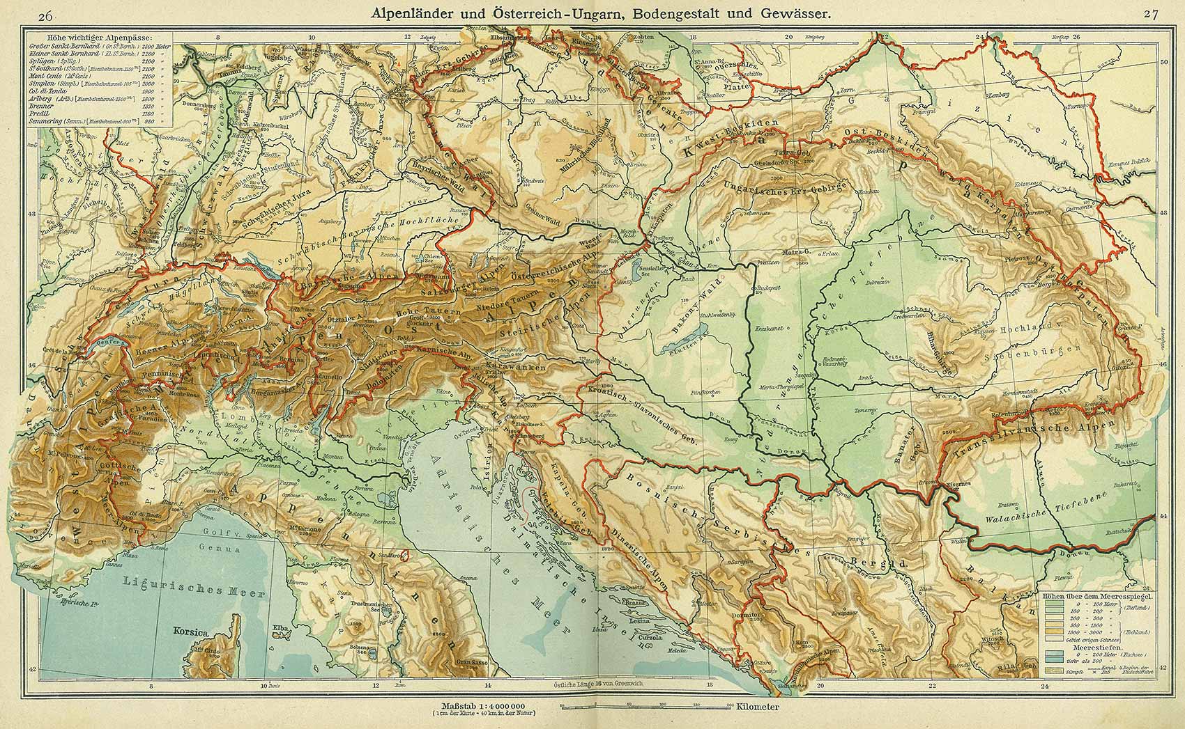 Austria-Hungarian Alps, topography and water areas, Andrees 'Berliner Schul-Atlas', 1916, pages 26 to 27, published size to print borders 43.46 cm wide by 26.45 cm high.