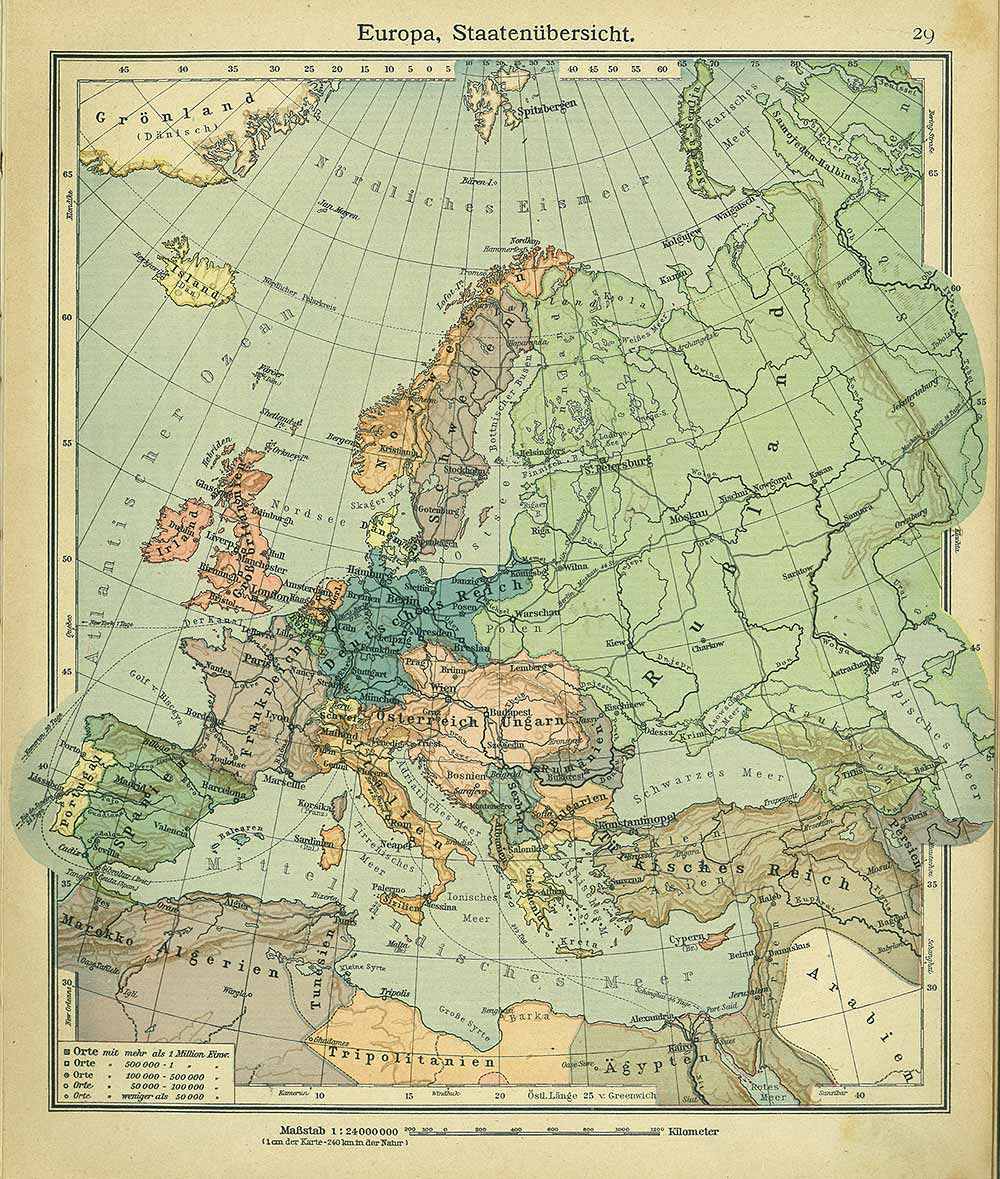 Europe, states overview, Andrees 'Berliner Schul-Atlas', 1916, page  29, published size to print borders 23.2 cm wide by 26.35 cm high.