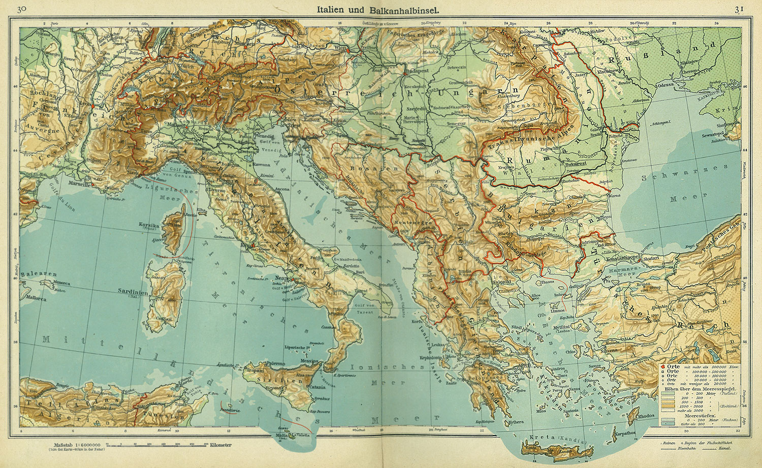 Italy and the Balkan peninsula map, Andrees 'Berliner Schul-Atlas', 1916, pages 30 to 31, published size to print borders 43.85 cm wide by 27.02 cm high.