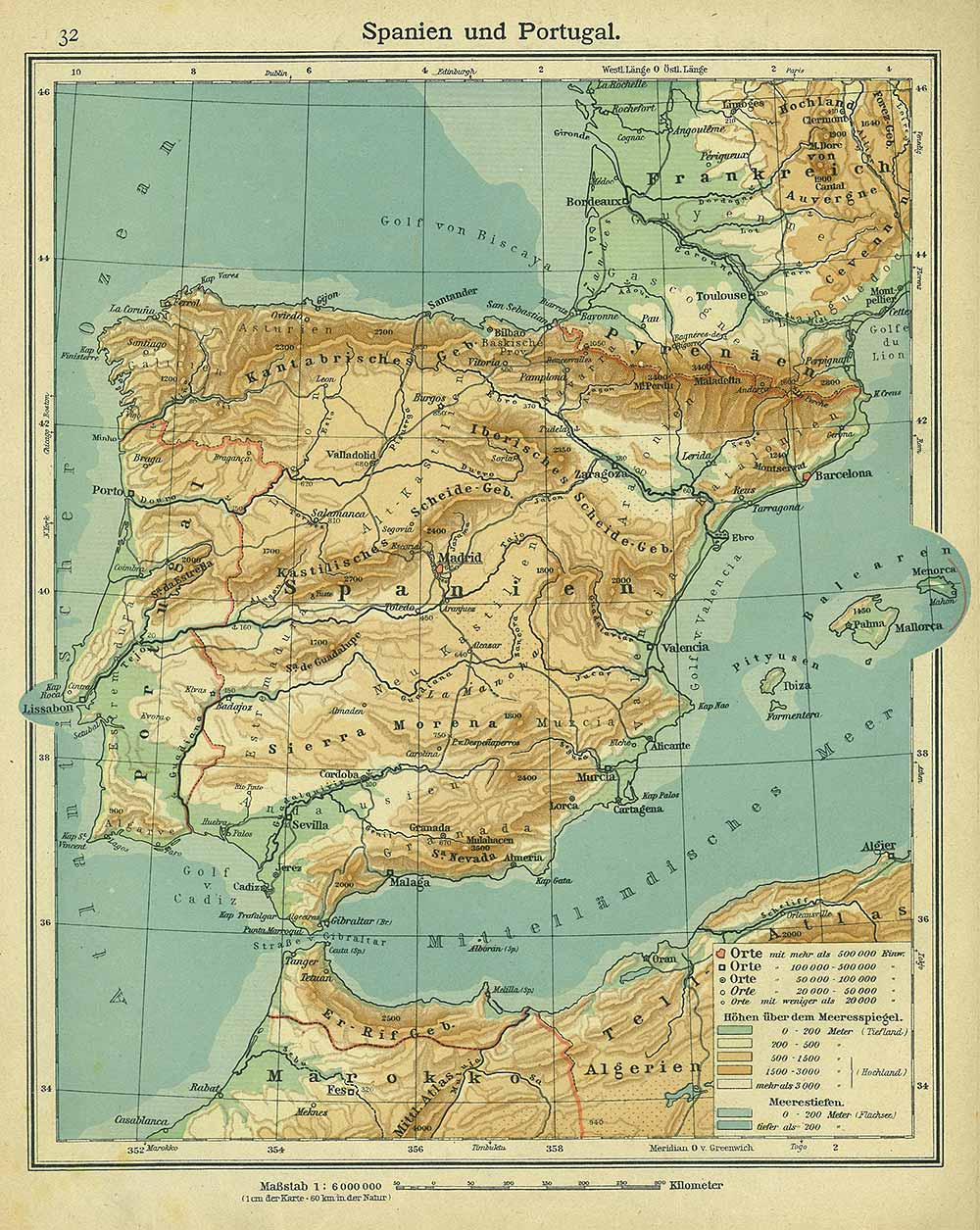 Spain and Portugal, Andrees 'Berliner Schul-Atlas', 1916, page 32, published size to print borders 21.26 cm wide by 26.31 cm high.