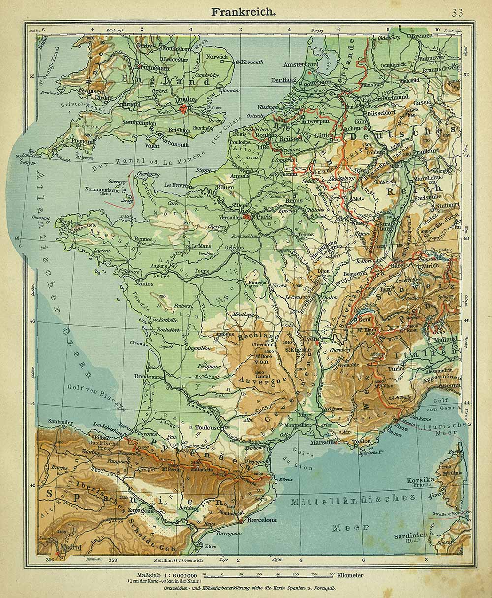 France map, Andrees 'Berliner Schul-Atlas', 1916, page 33, published size to print borders 21.46 cm wide by 26.58 cm high.