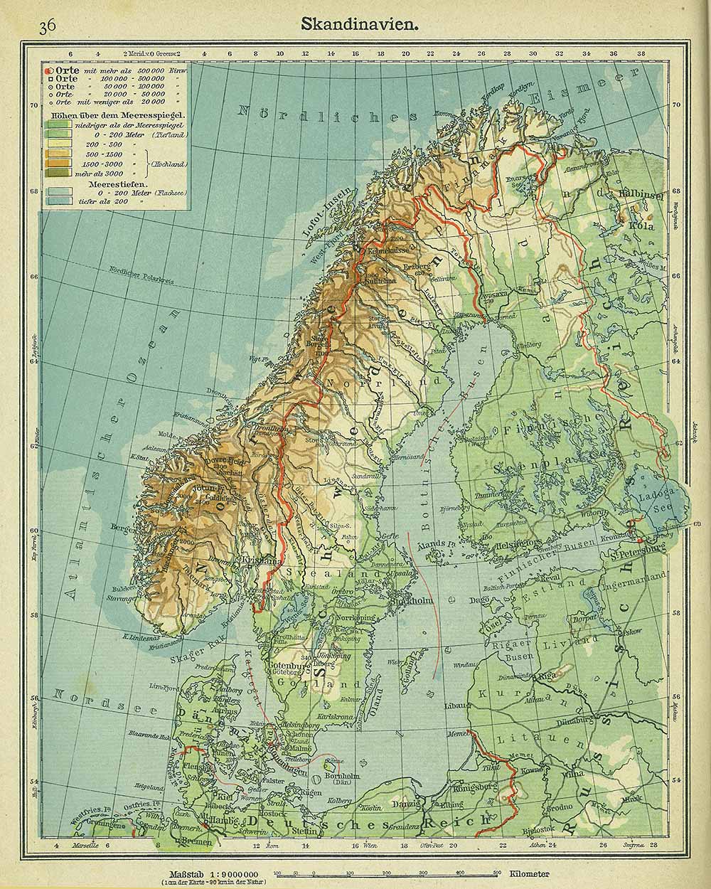 Scandinavia  map, Andrees 'Berliner Schul-Atlas', 1916, page 36, published size to print borders 20.74 cm wide by 26.45 cm high.