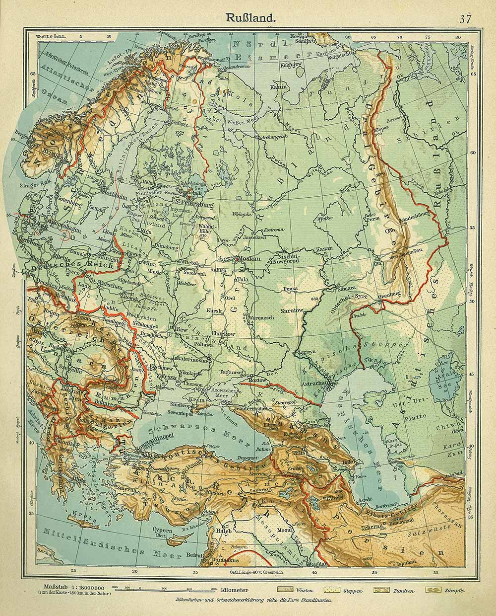 Russia map, Andrees 'Berliner Schul-Atlas', 1916, page 37, published size to print borders 21.64 cm wide by 26.52 cm high.