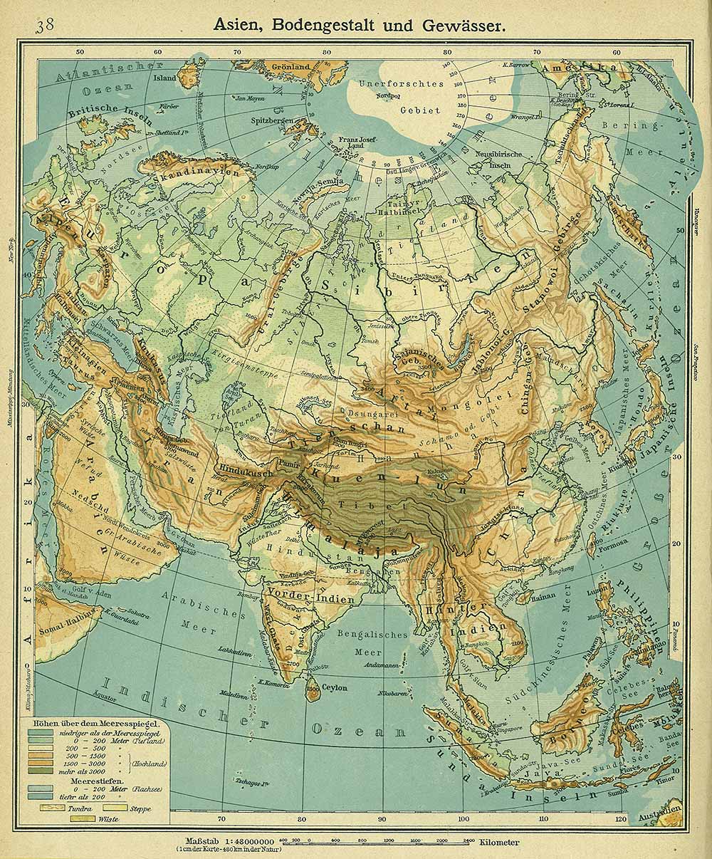Asia, topography and water areas, Andrees 'Berliner Schul-Atlas', 1916, page 38, published size to print borders 21.86 cm wide by 26.19 cm high.