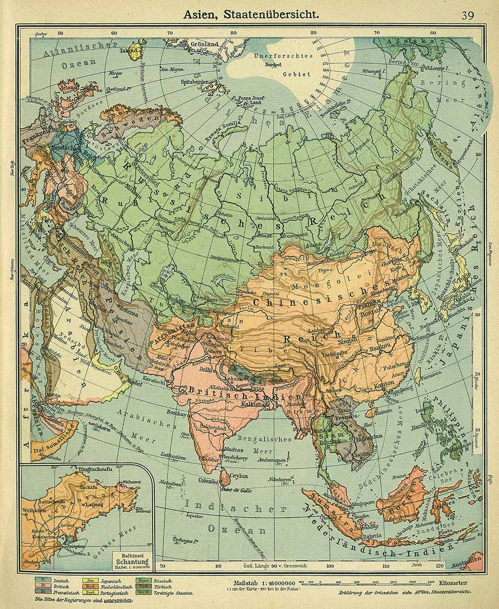 Asia, overview of its states, Andrees 'Berliner Schul-Atlas', 1916, page 39, published size to print borders 21.8 cm wide by 26.77 cm high.