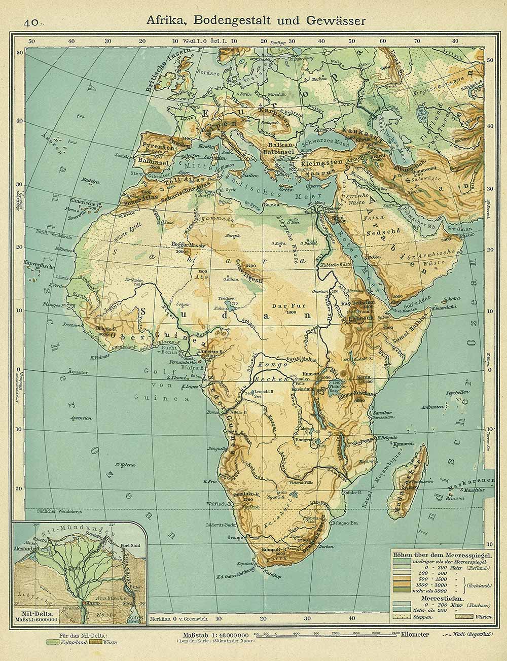 Africa, topography and water areas, Andrees 'Berliner Schul-Atlas', 1916, page 40, published size to print borders 20.51 cm wide by 26.24 cm high.