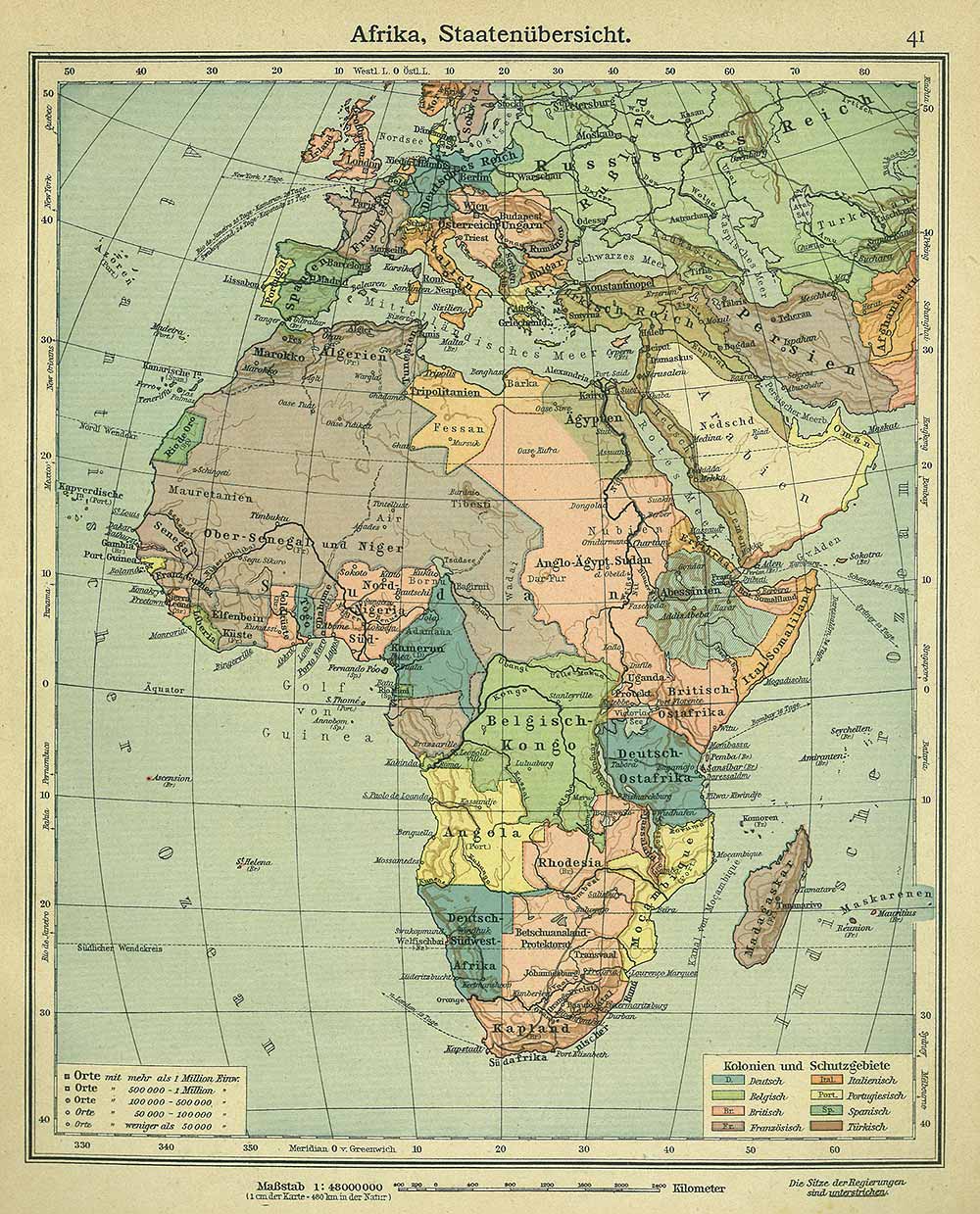 African states, colonial areas of interest, Andrees 'Berliner Schul-Atlas', 1916, page 41, published size to print borders 20.56 cm wide by 26.24 cm high.