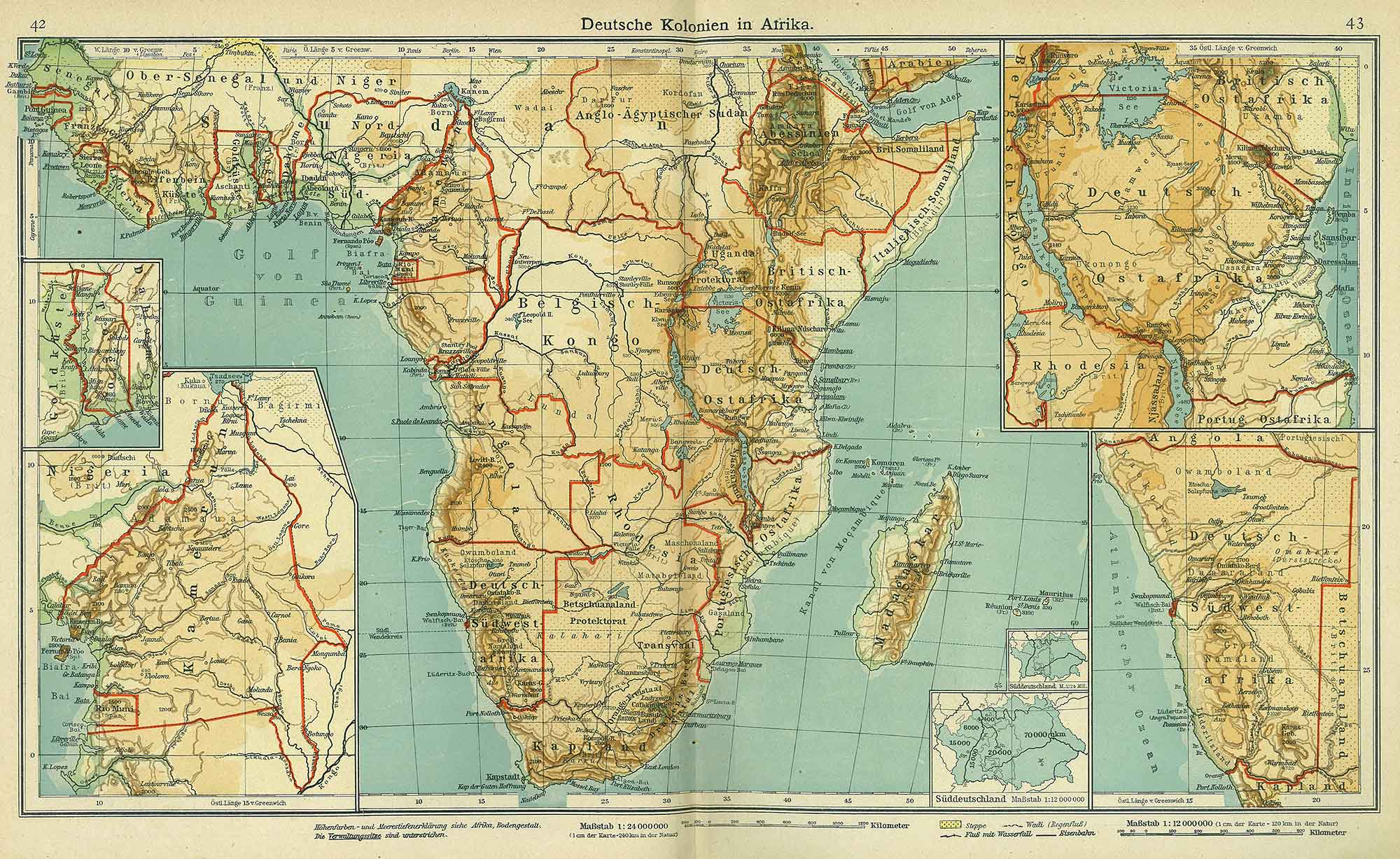 German colonies in Africa, Andrees 'Berliner Schul-Atlas', 1916, pages 42 to 43, published size to print borders 44.05 cm wide by 26.41 cm high.