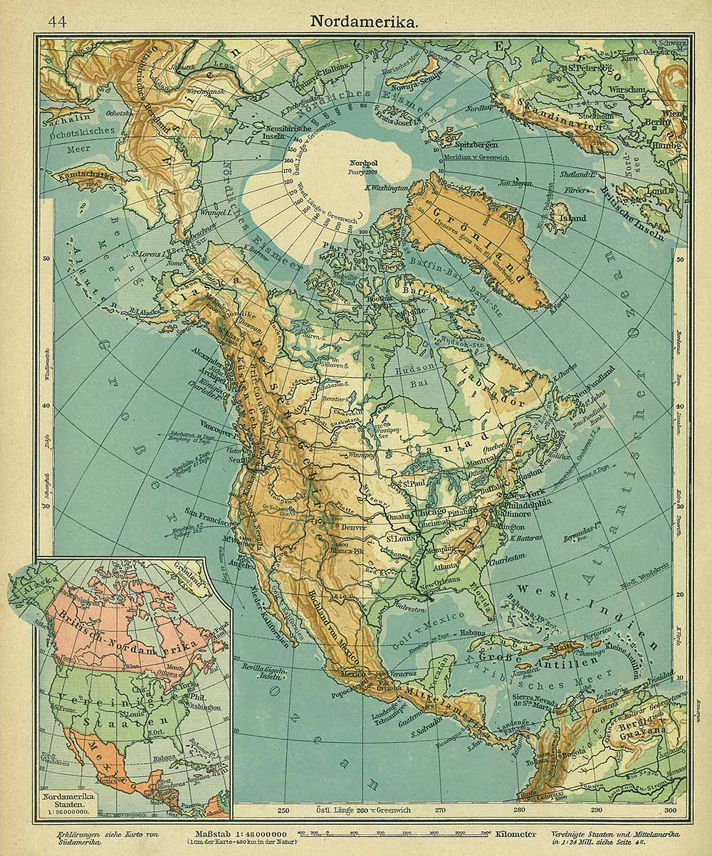 North America, Andrees 'Berliner Schul-Atlas', 1916, page 44, published size to print borders 21.84 cm wide by 26.15 cm high.