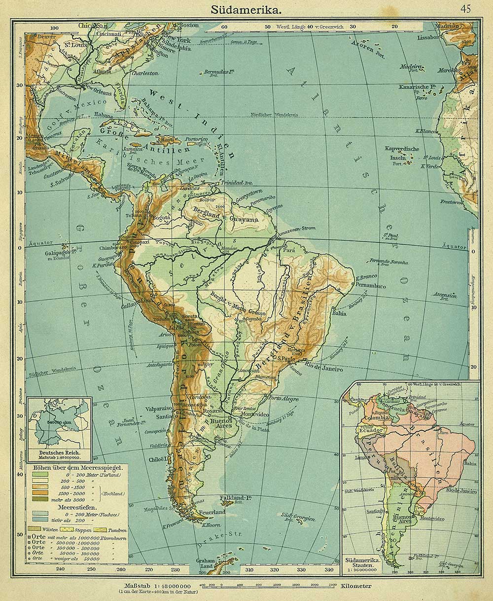 South America, Andrees 'Berliner Schul-Atlas', 1916, page 45, published size to print borders 21.03 cm wide by 26.12 cm high.