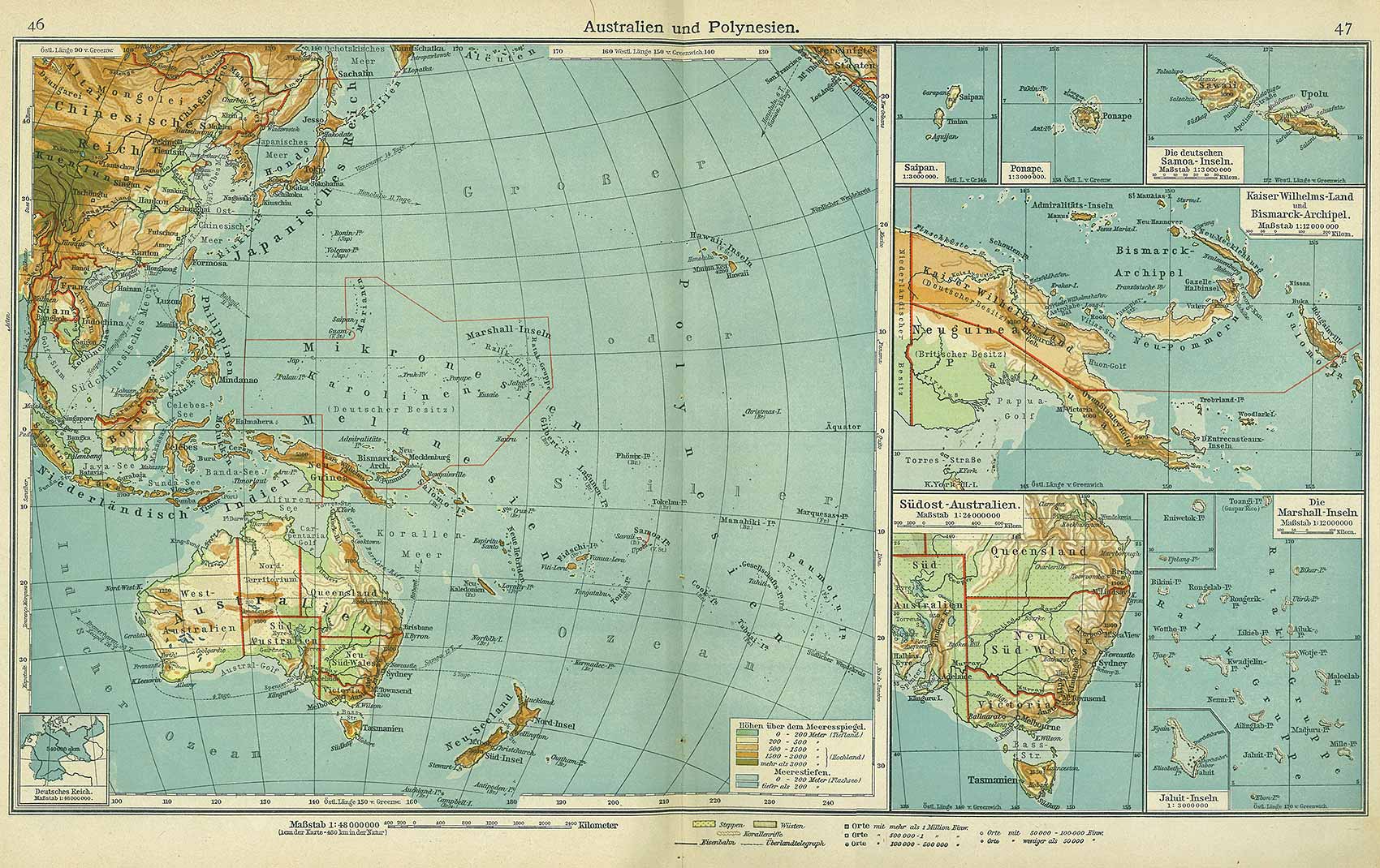 Australia and Polynesia map, Andrees 'Berliner Schul-Atlas', 1916, pages 46 to 47, published size to print borders 43.79 cm wide by 26.56 cm high.