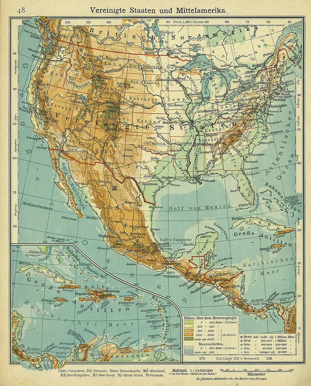 United States and Central America, Andrees 'Berliner Schul-Atlas', 1916, page 48, published size to print borders 21.24 cm wide by 26.78 cm high.