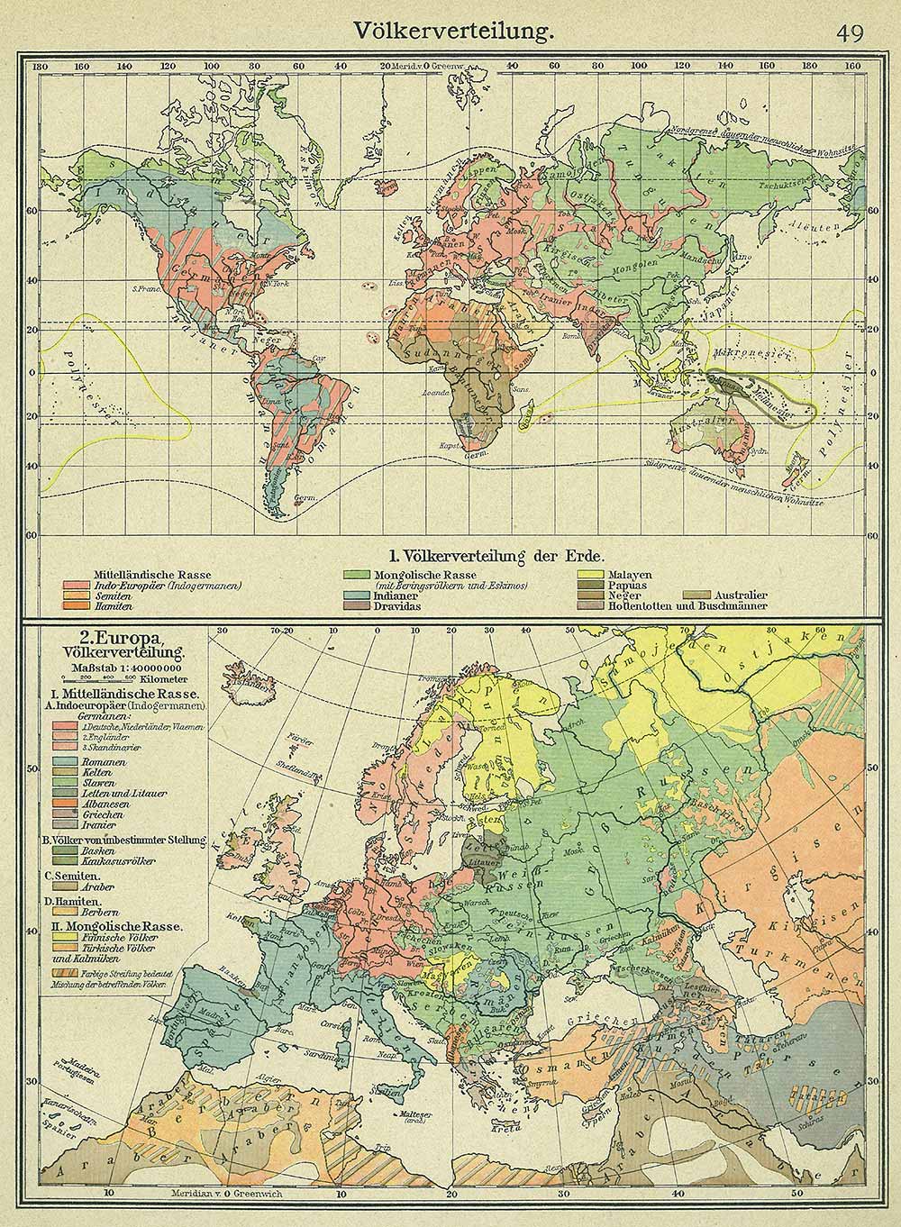 Distribution of peoples-general or widely defined ethnic groups map, Andrees 'Berliner Schul-Atlas', 1916, page 49, published size to print borders 18.86  cm wide by 25.65 cm high.