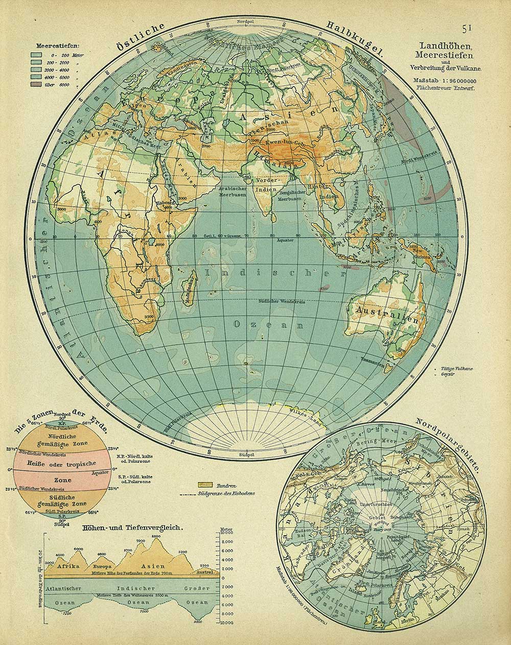 Land heights, ocean depths, for eastern hemisphere, Andrees 'Berliner Schul-Atlas', 1916, page 51, published size to print border 21.38 cm wide by 27.44 cm high.