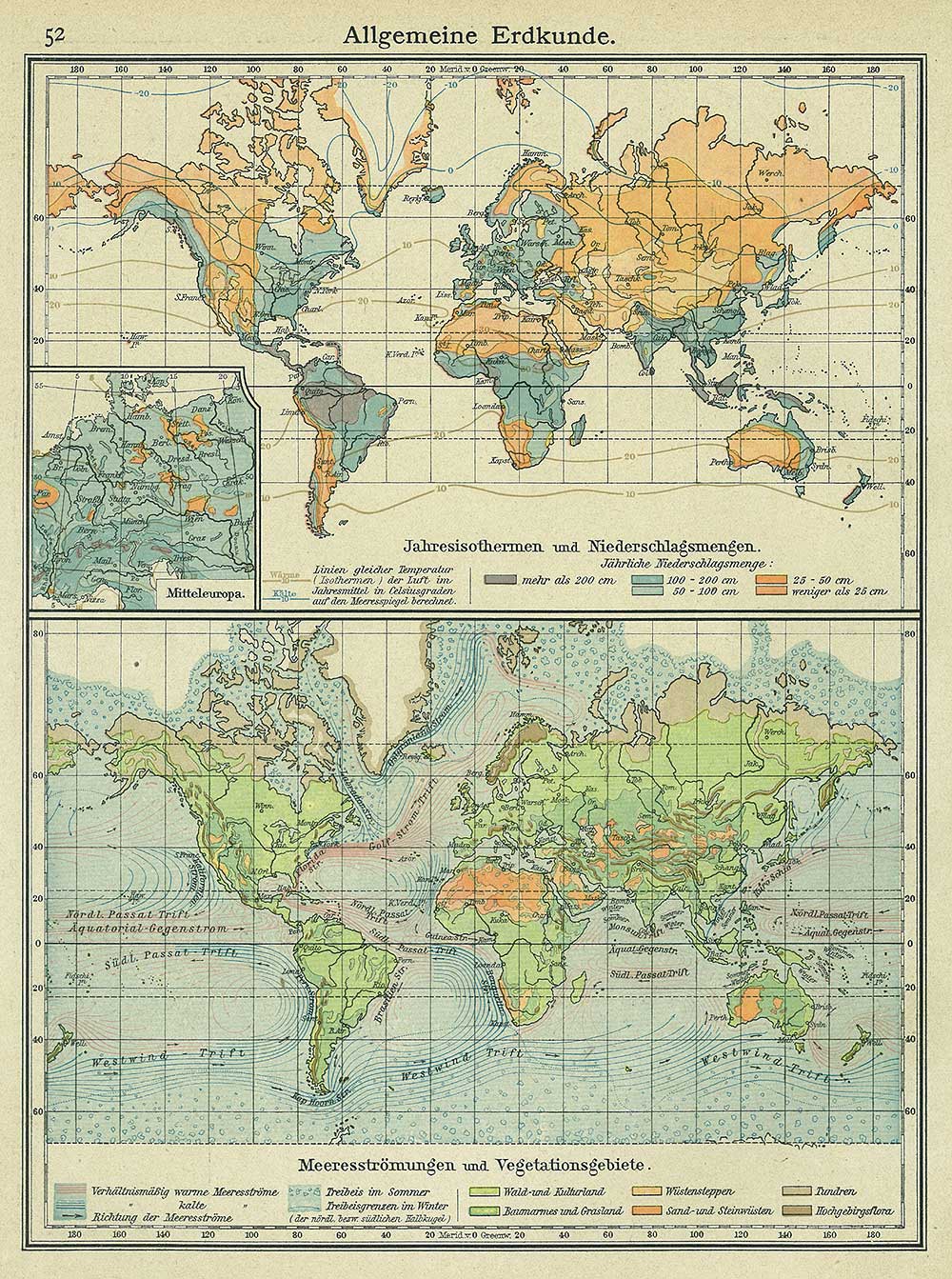 General world geography map, including trade winds and vegetation, Andrees 'Berliner Schul-Atlas', 1916, page 52, published size to print borders 18.88 cm wide by 25.59 cm high.