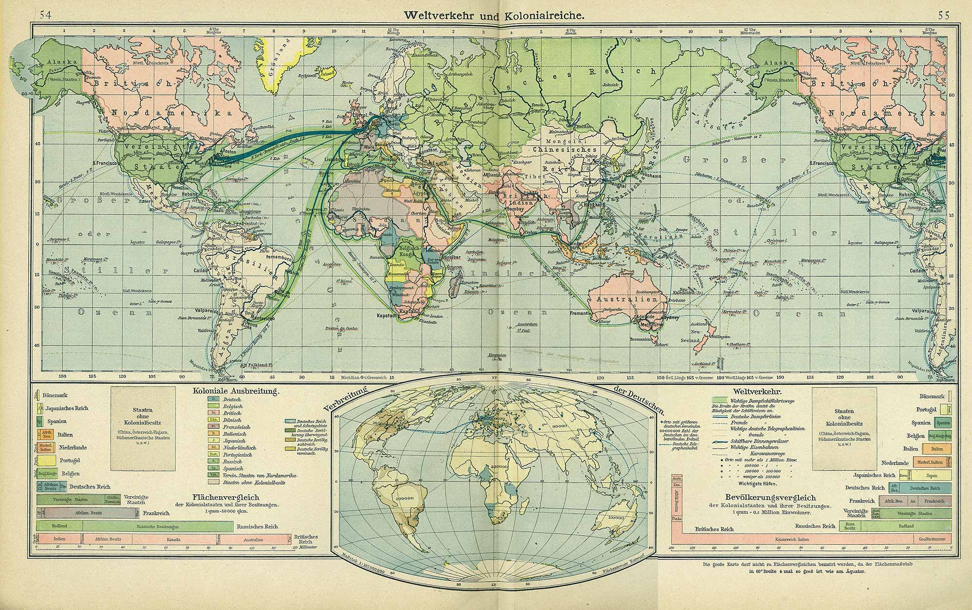 World communications and colonial governments map, Andrees 'Berliner Schul-Atlas', 1916, pages 54 to 55, published size to print border 44.34 cm wide by 27 cm high.