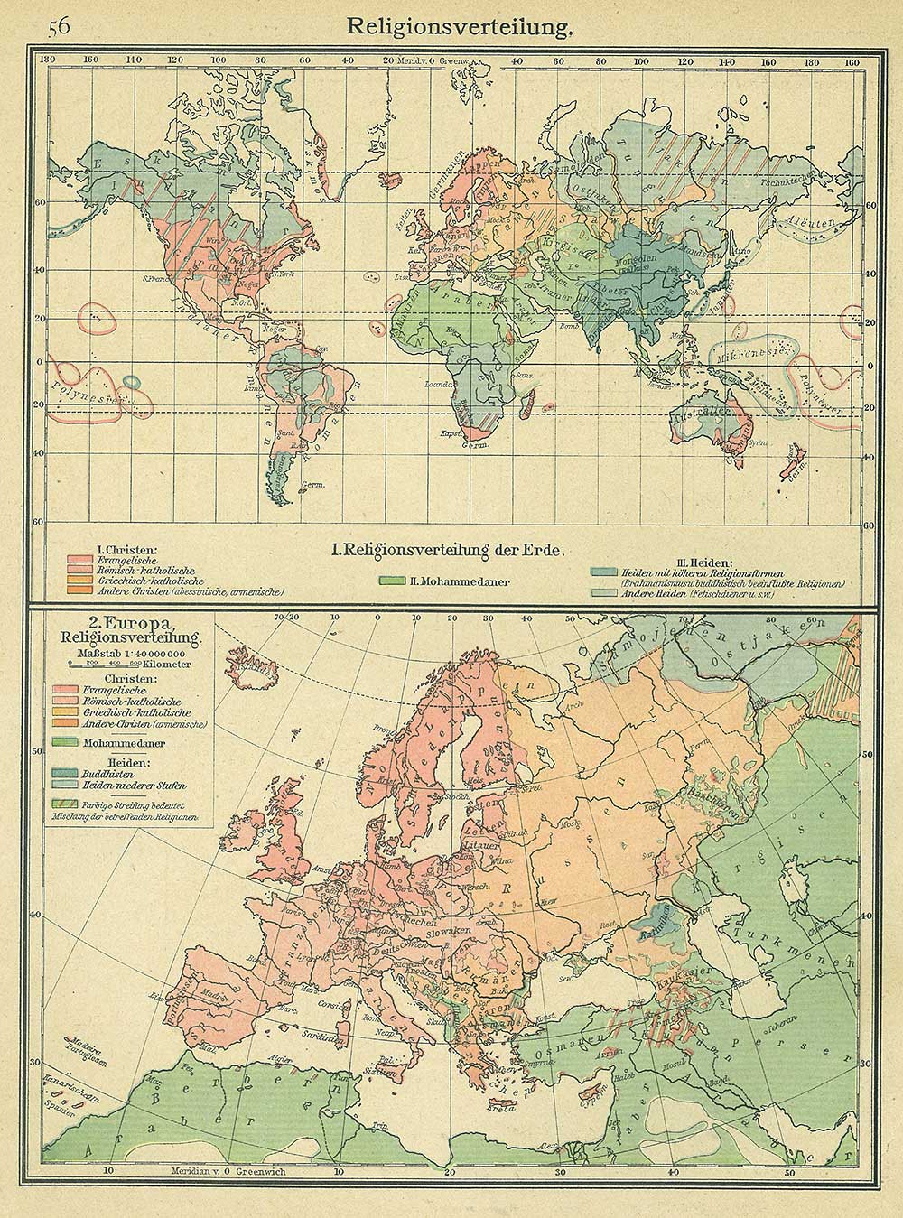 Distribution of religions map, Andrees 'Berliner Schul-Atlas', 1916, page 56, published size to print border 18.91cm wide by 25.71 cm high.