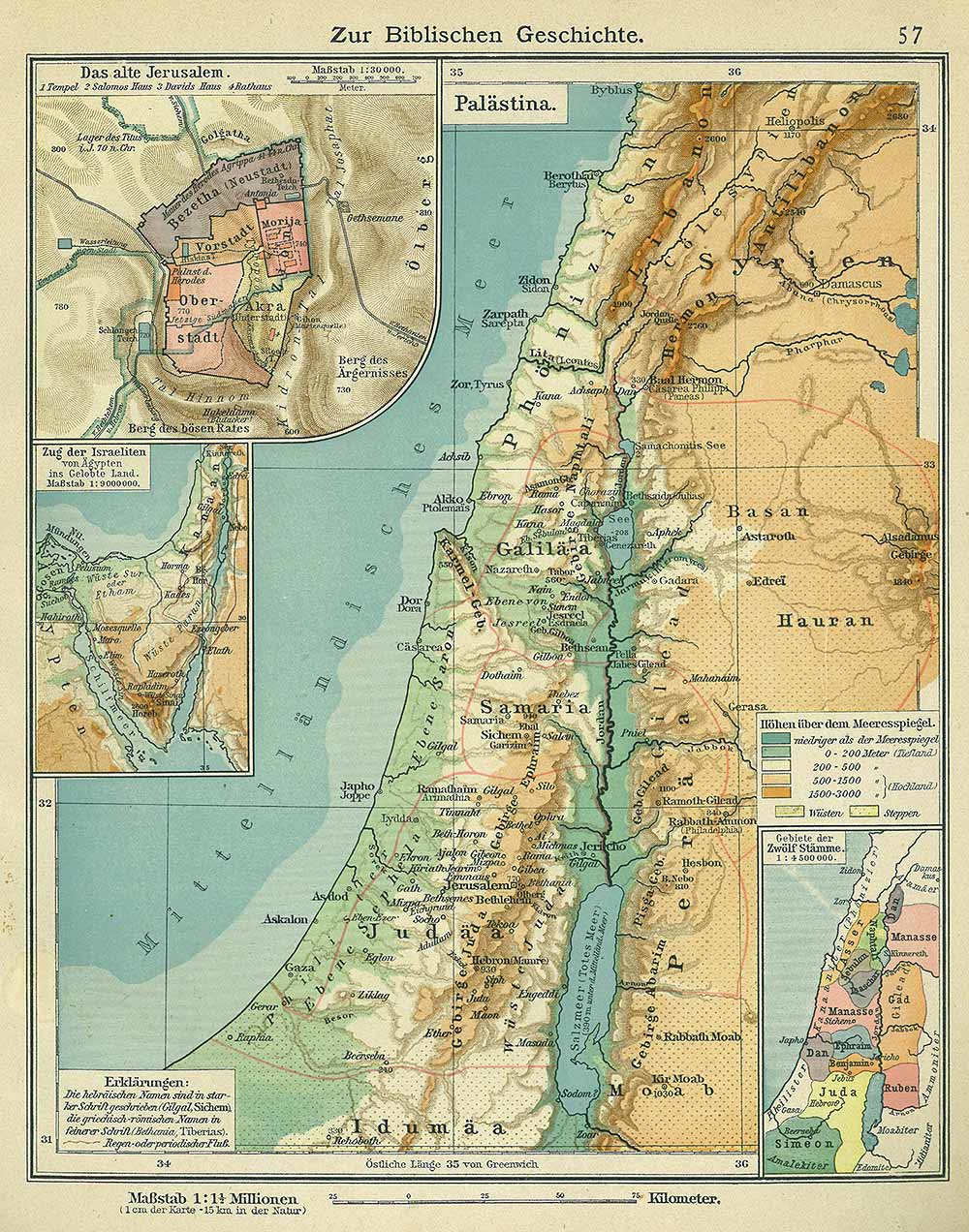 Biblical history map, Andrees 'Berliner Schul-Atlas', 1916, page 57, published size to print borders 20.42 cm wide by 26.26 cm high.