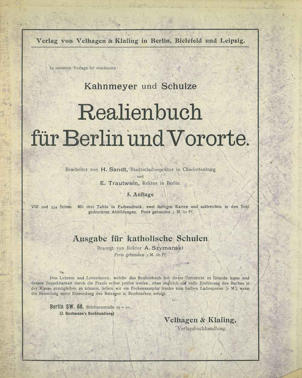 Inside front cover of Andrees 'Berliner Schul-Atlas', 1916, with advertisement for Kahnmeyer and Schulze 'Realienbuch fur Berlin und Vororte', published size to print borders 17.13 cm wide by 24.04 cm high.