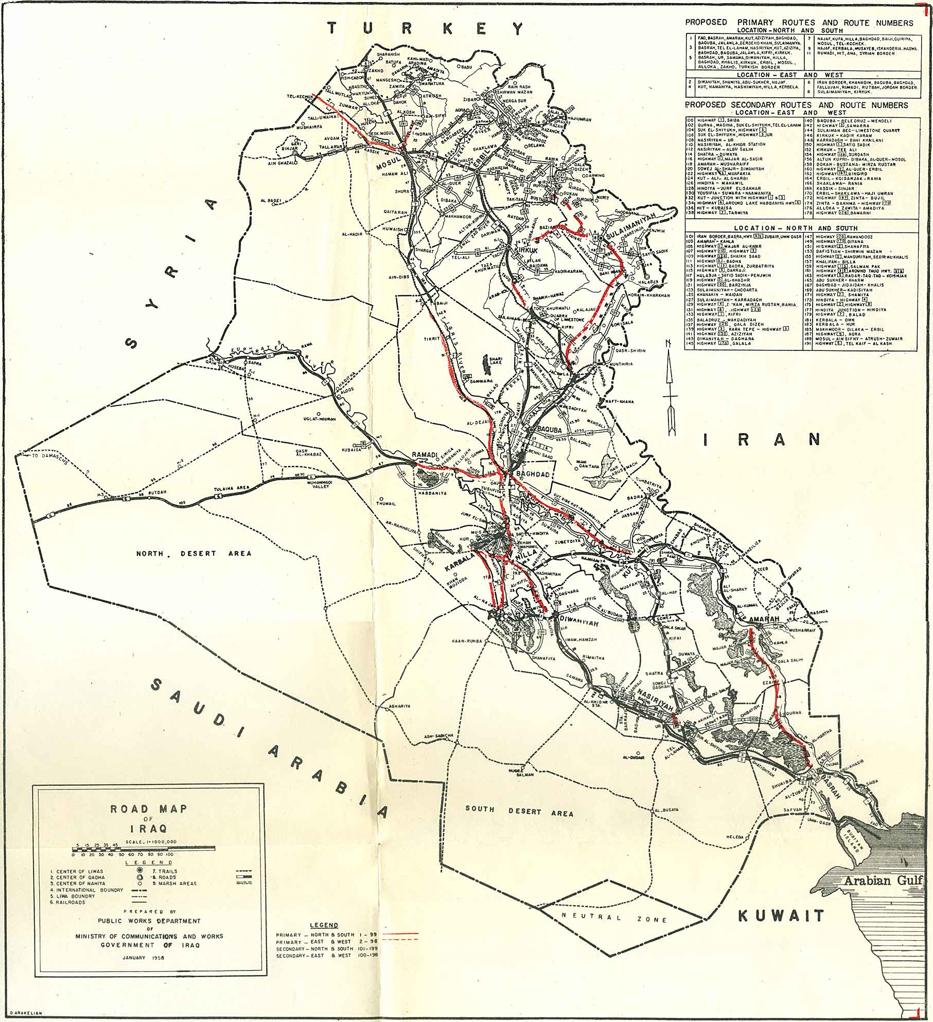 Map of Iraq's road network in 1961 printed size 63.96cm wide x 70.06cm high