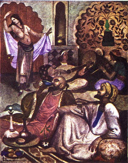 Painting of traditional Baghdad leisure activity, enjoying dance and music, enlarged from original printed size 7.15cm wide x 9.14cm high