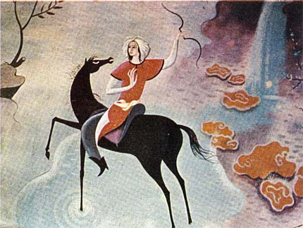 Painting of horseman at Khayam Cinema, Baghdad, Iraq, enlarged from original printed size 10.92cm wide x 8.2cm high