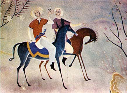 Painting of men on horses at Khayam Cinema, Baghdad, Iraq, enlarged from original printed size 11.05cm wide x 8.1cm high