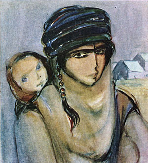 Iraqi painting of village mother, printed size 10.01cm wide x 11cm high