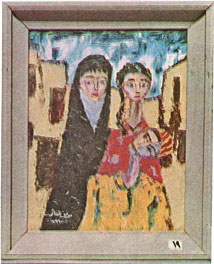 Iraqi painting of three people, printed size 7.15cm wide x 8.82cm high