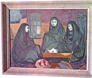 Iraqi painting of 'the afternoon tea', printed size 10.71cm wide x 9.12cm high