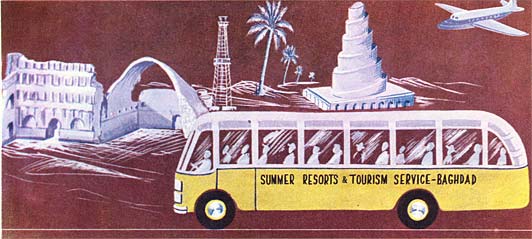 Iraq transport, tourist bus in 1959-1961, printed size 17.78cm wide x 7.99cm high